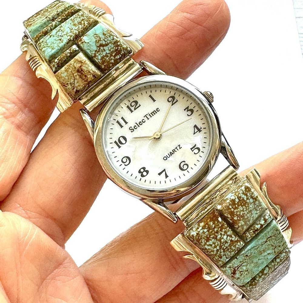 New Mens‎ Turquoise Navajo Wristwatch Sterling Watch Tips #8 Works Signed Band